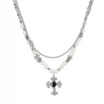 Black Gem Cross Pearls Necklace