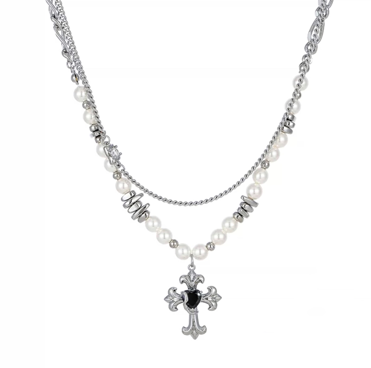 Black Gem Cross Pearls Necklace