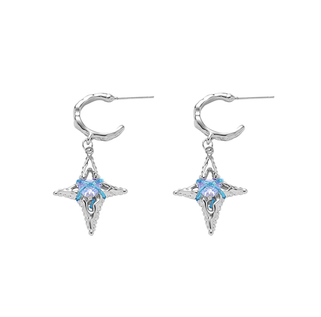 Silver Blue Cross Star Earrings